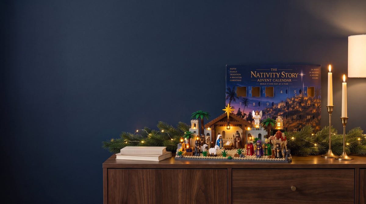 The finished nativity build and the advent calendar box on a sideboard